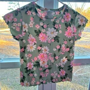 Floral Green Ribbed Girl's Top size (L)